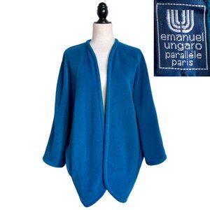 EMANUEL UNGARO Paris Vintage Cocoon Coat 1980s Teal Fleece w/ Pockets! Cozy Sz L